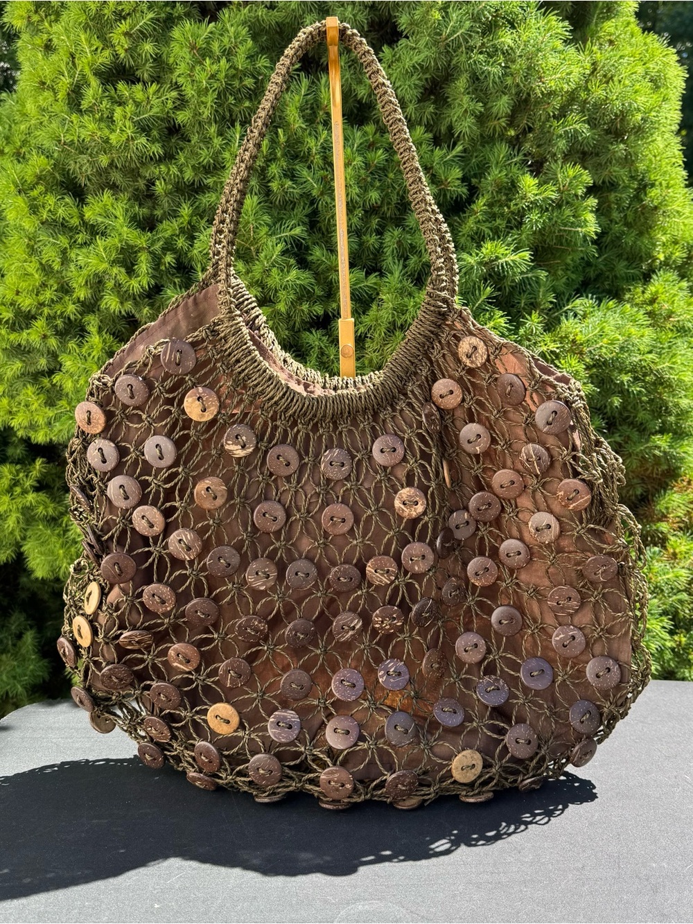 Vintage Cappelli Brown Button-Embellished Crochet Tote Bag